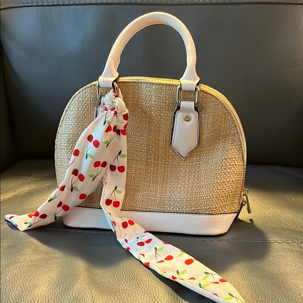 Tan and White Satchel with Leather Accents